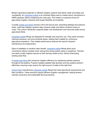 Integrated Saddle and Saddle Pipe Fitting for Agricultural Irrigation