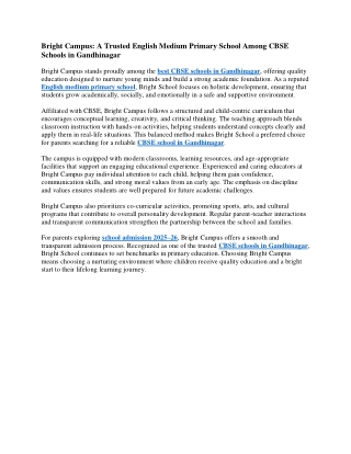 Bright Campus A Trusted English Medium Primary School Among CBSE Schools in Gandhinagar