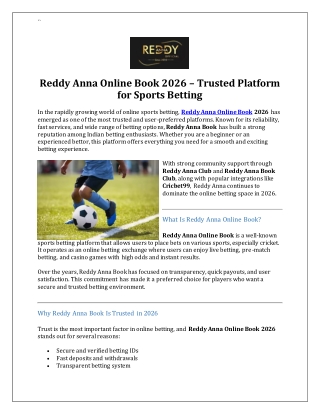 Reddy Anna Online Book 2026 – Trusted Platform for Sports Betting