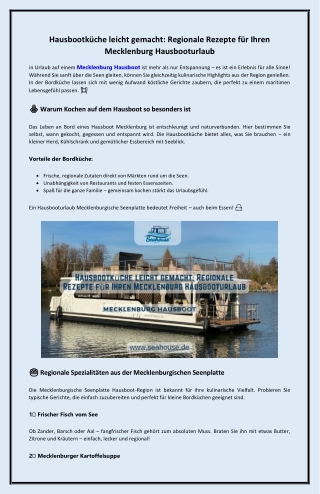 Hausbootküche leicht gemacht Regionale Rezepte für Ihren Mecklenburg Hausbooturlaub