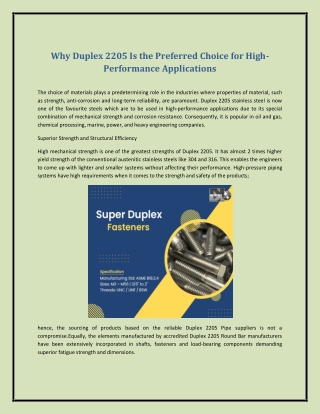 Why Duplex 2205 Is the Preferred Choice for High-Performance Applications
