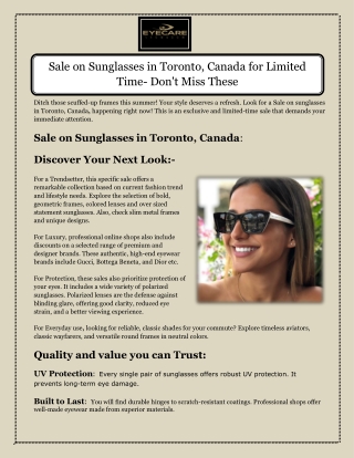 Sale on Sunglasses in Toronto, Canada for Limited Time- Don't Miss These