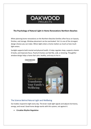 The Psychology of Natural Light in Home Renovations Northern Beaches