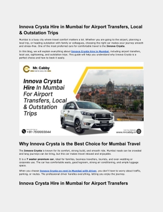 Innova Crysta Hire in Mumbai for Airport Transfers, Local & Outstation Trips