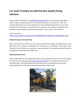E.R. Snell Providing You WithThe Best Asphalt Paving Solutions