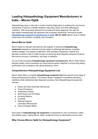 Histopathology Equipment Manufacturers in India