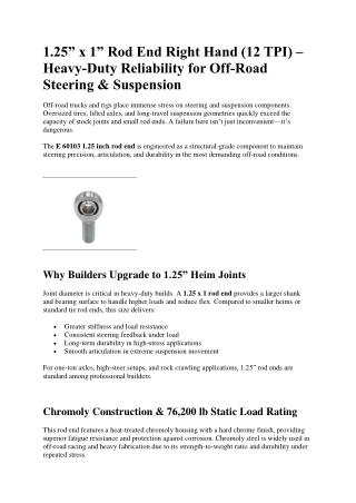 1.25” x 1” Rod End Right Hand (12 TPI) – Heavy-Duty Reliability for Off-Road Steering & Suspension