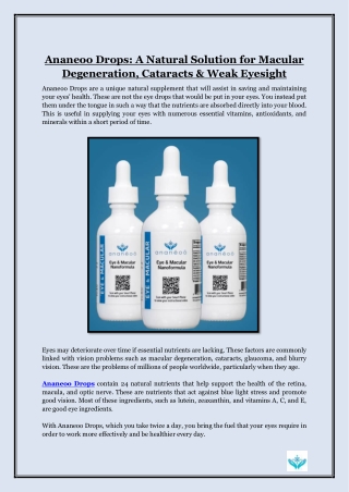 Ananeoo Drops- A Natural Solution for Macular Degeneration, Cataracts & Weak Eyesight