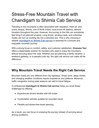 Stress-Free Mountain Travel with Chandigarh to Shimla Cab Service