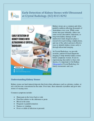 Early Detection of Kidney Stones with Ultrasound at Crystal Radiology. (02) 8315 8292
