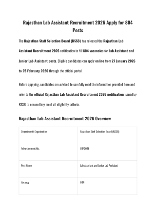 Rajasthan Lab Assistant Recruitment 2026 Apply for 804 Posts