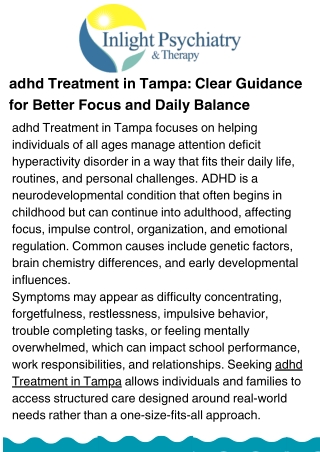 adhd Treatment in Tampa: Personalized Care for Better Focus and Daily Life