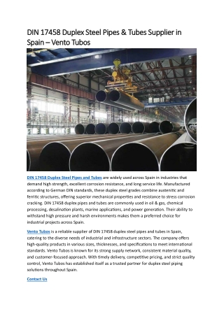 DIN 17458 Duplex Steel Pipes & Tubes Supplier in Spain – Vento Tubos