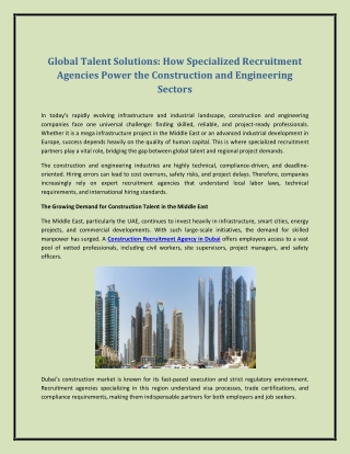 Global Talent Solutions: How Specialized Recruitment Agencies Power the Construc