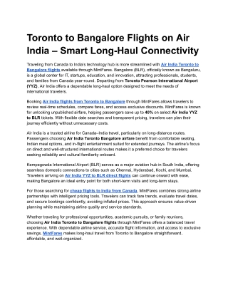Book Air India Flights YYZ to BLR Online
