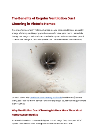 The Benefits of Regular Ventilation Duct Cleaning in Victoria Homes