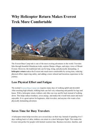 Why Helicopter Return Makes Everest Trek More Comfortable