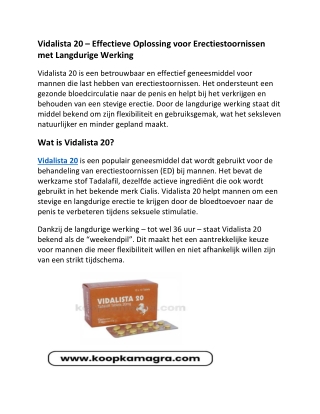 Vidalista 20 – Effectieve Oplossing voor Erectiestoornissen met Langdurige Werking