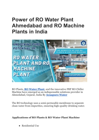 Power of RO Water Plant Ahmedabad and RO Machine Plants in India