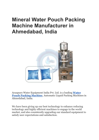 Mineral Water Pouch Packing Machine Manufacturer in Ahmedabad, India