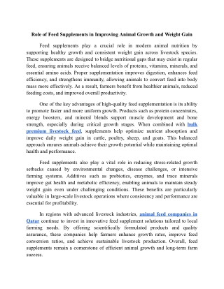 Role of Feed Supplements in Improving Animal Growth and Weight Gain