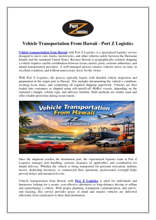 Vehicle Transportation From Hawaii - Port Z Logistics