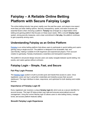 Fairplay – A Reliable Online Betting Platform with Secure Fairplay Login