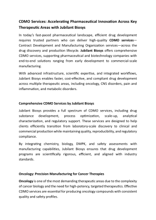 CDMO Services - Accelerating Pharmaceutical Innovation Across Key Therapeutic Areas with Jubilant Biosys