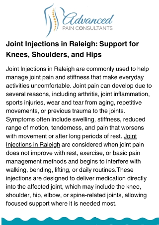 Joint Injections in Raleigh: Targeted Relief for Stiff and Painful Joints