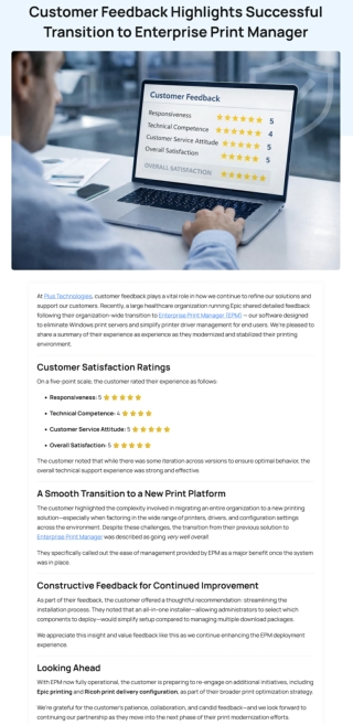 Customer Feedback Highlights Successful Transition to Enterprise Print Manager