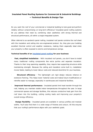 Insulated Panel Roofing Systems for Commercial & Industrial Buildings — Technical Benefits & Design Tips