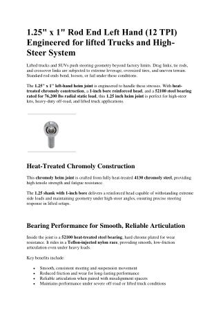 1.25 x 1 Rod End Left Hand (12 TPI) Engineered for lifted Trucks and High-Steer System