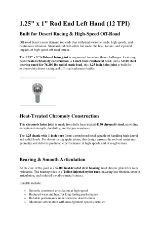 1.25 x 1 Rod End Left Hand (12 TPI) Built for Desert Racing & High-Speed Off-Road