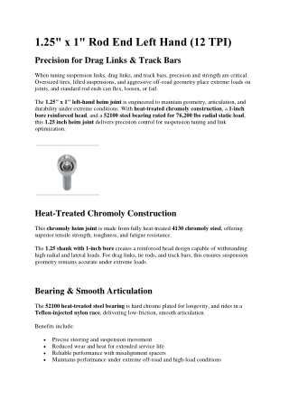 1.25 x 1 Rod End Left Hand (12 TPI) Precision for Drag Links & Track Bars