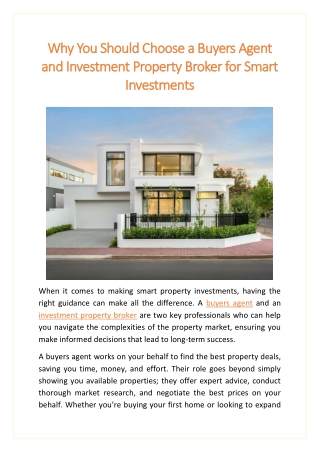 Why You Should Choose a Buyers Agent and Investment Property Broker for Smart Investments