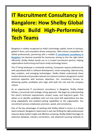 IT Recruitment Consultancy in Bangalore - How Shelby Global Helps Build High-Performing Tech Teams