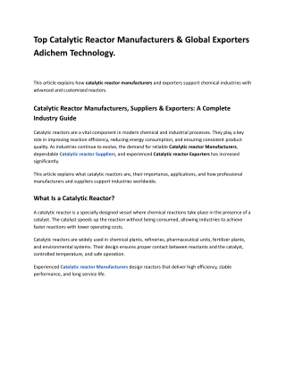 Top Catalytic Reactor Manufacturers & Global Exporters Adichem Technology