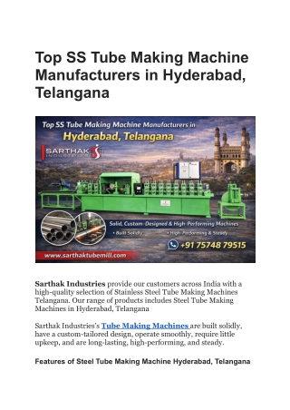 Top SS Tube Making Machine Manufacturers in Hyderabad, Telangana