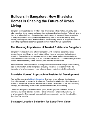 Builders in Bangalore: How Bhavisha Homes Is Shaping the Future of Urban Living