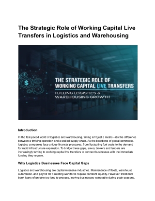 Working Capital Live Transfers: Fueling Logistics & Warehousing Growth