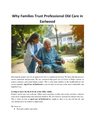 Why Families Trust Professional Old Care in Earlwood