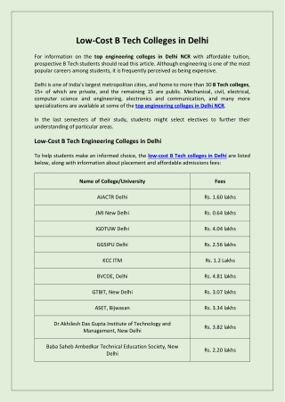 Low-Cost B Tech Colleges in Delhi NCR