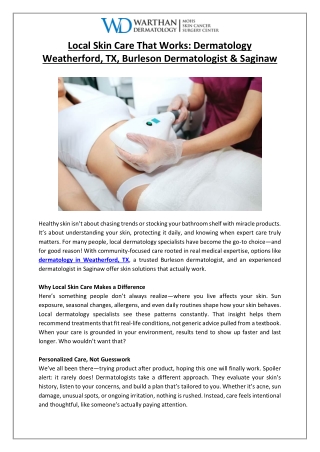 Local Skin Care That Works- Dermatology Weatherford, TX, Burleson Dermatologist & Saginaw
