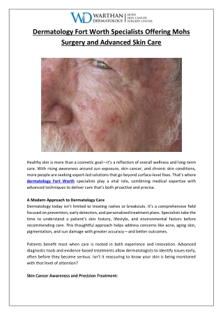 Dermatology Fort Worth Specialists Offering Mohs Surgery and Advanced Skin Care
