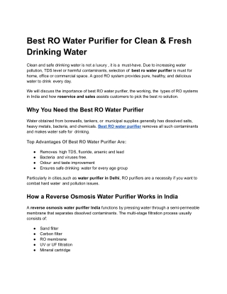 Best RO Water Purifier for Clean & Fresh Drinking Water