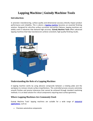 Lapping Machine | Guindy machine Tools
