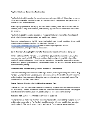 Pay Per Sale Lead Generation Testimonials