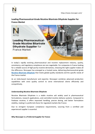 Leading Pharmaceutical-Grade Nicotine Bitartrate Dihydrate Supplier for France M