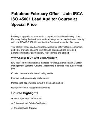 Fabulous February Offer – Join IRCA ISO 45001 Lead Auditor Course at Special Price