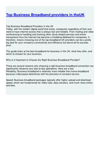 Top Business Broadband providers in the UK